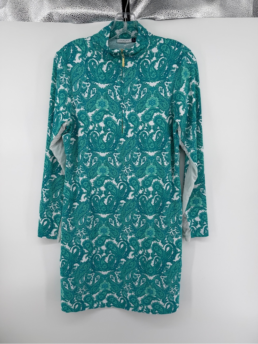 Coastal Grandmillennial SportyGolf CabanaLife Teal Paisley Long Sleeve Dress SzS